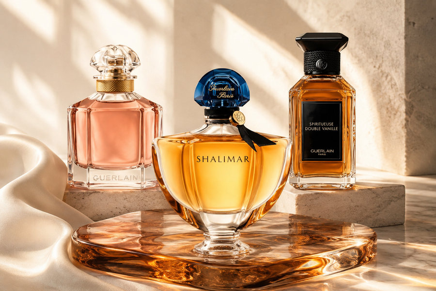 Guerlain Shalimar, Mon Guerlain und Spiritueuse Double Vanille in einer eleganten hellen Editorial-Szene