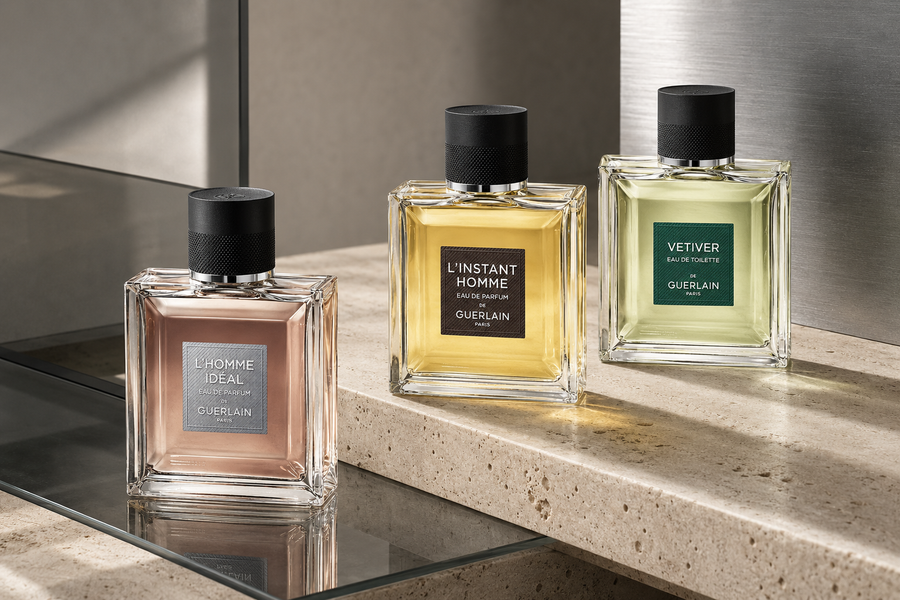 Guerlain L’Homme Idéal, L’Instant pour Homme und Vetiver in einer modernen neutralen Editorial-Szene