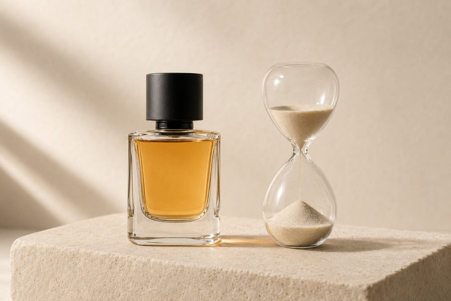 Ein Parfumflakon neben einer Sanduhr als Symbol für die Haltbarkeit von Parfüm