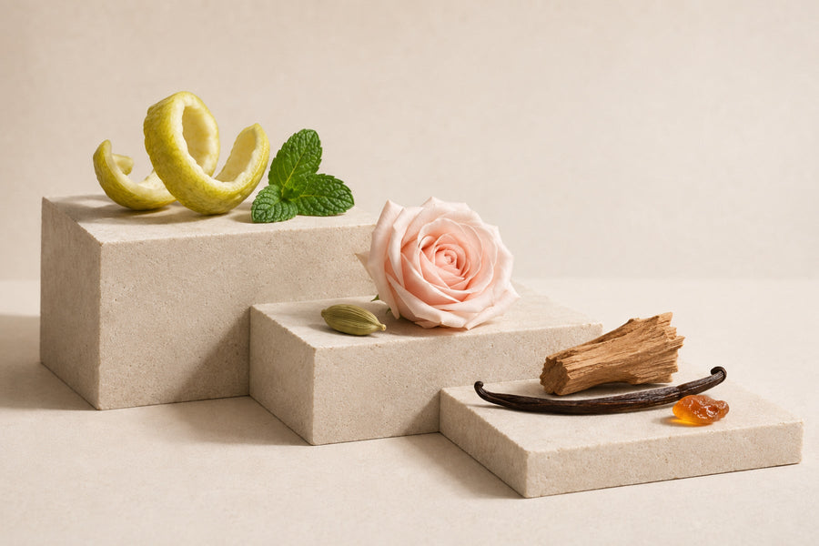 Zitrusschale, Blüten und Holz auf drei Podesten als Symbol für Kopf-, Herz- und Basisnote