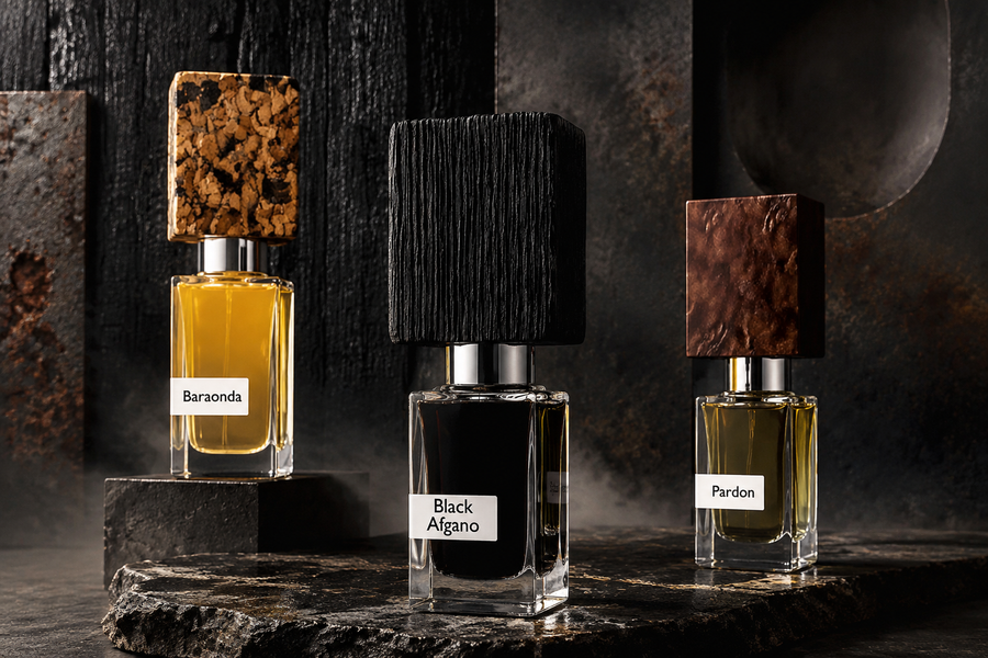 Nasomatto Black Afgano, Baraonda und Pardon in einer dunklen skulpturalen Editorial-Szene